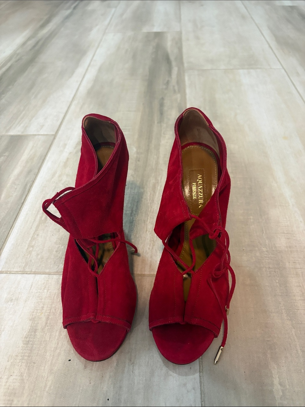 Aquazzura Red Suede Lace-Up Open-Toe Heels